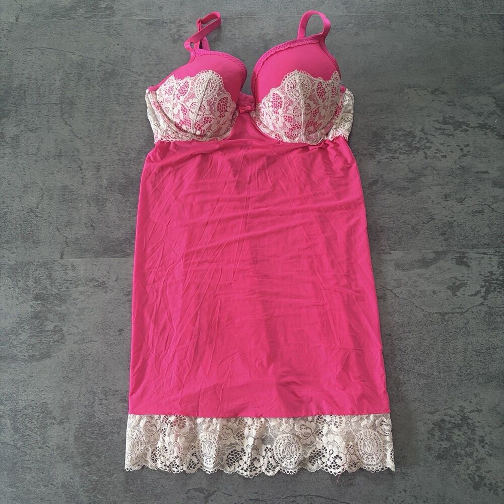 Y2K Victoria’s Secret Babydoll Chemise 34D Push Up Lace Cup Hot Pink Lingerie